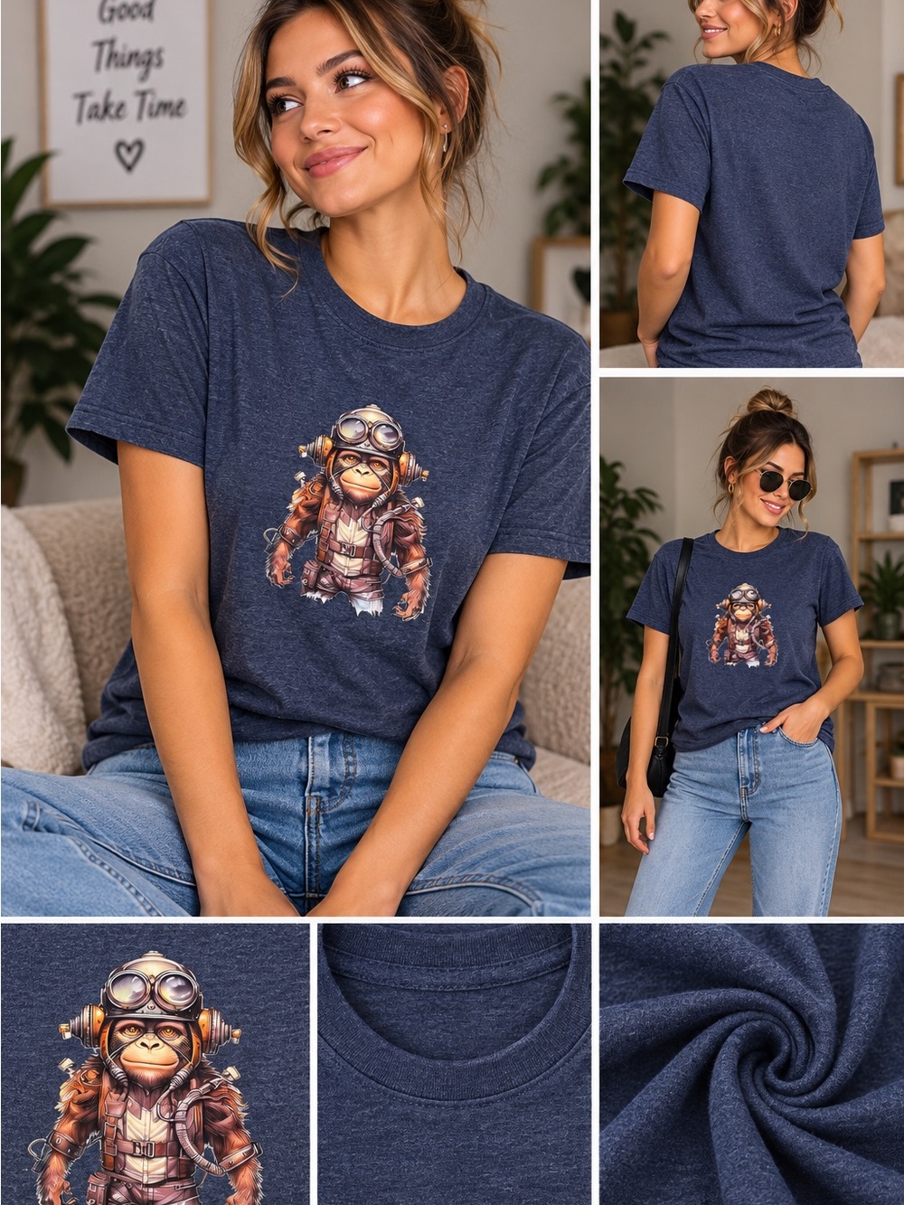 Aviator Monkey Graphic Tee for Kids - Navy